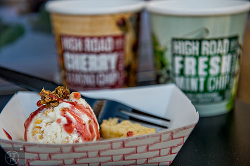 High Road Craft Ice Cream serves up sweet corn and goat cheese ice cream with a garlic and olive oil muffin, roasted poblano streusel and strawberry jam during the Atlanta Brunch Festival at Fourth Ward Park in Atlanta on Saturday, March 5, 2016. 