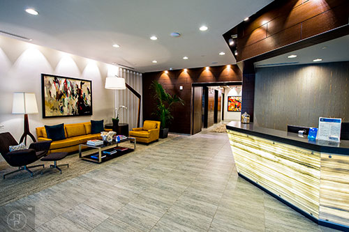 The main floor lounge and reception area at The High Rise at Post Alexander in Buckhead.