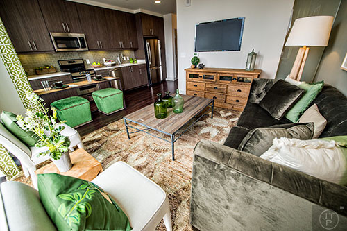 The main living area in the studio model apartment at The High Rise at Post Alexander in Buckhead.