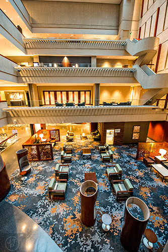 Looking down on the Tangent room and surrounding meeting spaces inside the Westin Peachtree Plaza in Atlanta.