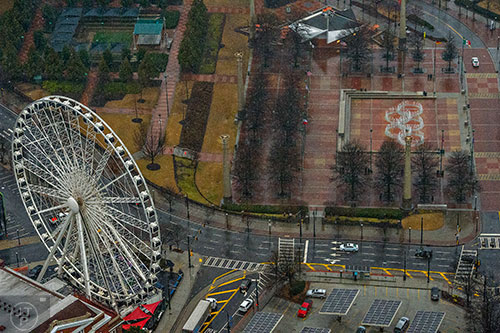 A view of the SkyView Ferris Wheel and Centennial Olympic Park from the Sun Dial on the 73rd floor of the Westin Peachtree Plaza in Atlanta.