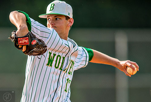 Buford starting pitcher Frank Bradshaw hurls the ball towards the plate during the final game of the Class AAAA baseball championships against Locust Grove on Monday, May 23, 2016. 