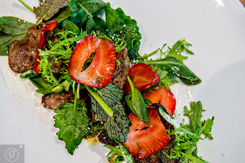 The skillet chicken livers with wild greens and strawberries at Linton's.