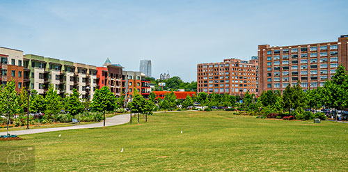 AMLI Ponce Park (left) and Ponce City Market can be seen from the meadow at Historic Fourth Ward Park.