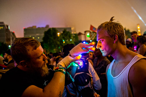 A personal light show as Major Lazer performs during the first night of the Shaky Beats Music Festival at Centennial Olympic Park in Atlanta on Friday, May 20, 2016.