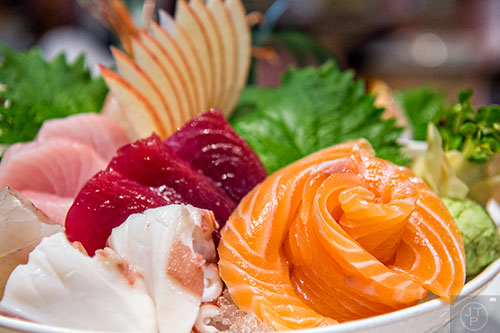 A closeup of the Chef's Deluxe showcasing fresh salmon, tuna, red bream, eel and much much more.