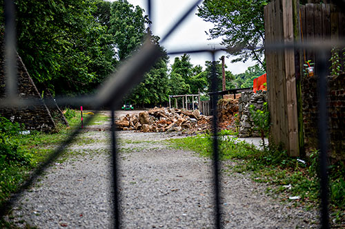 Piles of rubble from the stage and out buildings in the music park part of The Masquerade.