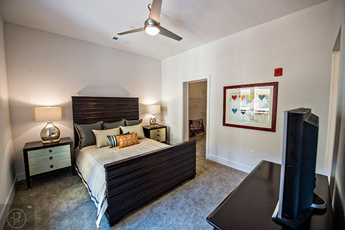 The bedroom inside the model apartment at 675 N. Highland.