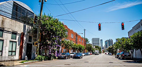 The Westin and other city landmarks can be seen looking down Peters Street in the Castleberry Hill neighborhood of Atlanta.