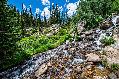 Water flows down the mountains along the trail leading to Dream Lake inside Rocky Mountain National Park in Colorado on Monday, July 12, 2016.