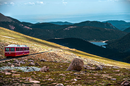 Another train leads the way down from the summit of Pikes Peak on Sunday, August 21, 2016.