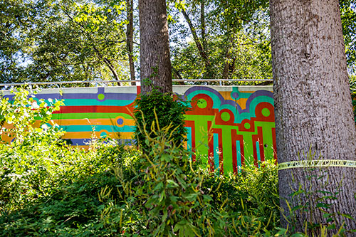 Graffiti and trees along the Atlanta Beltline's Westside Trail.