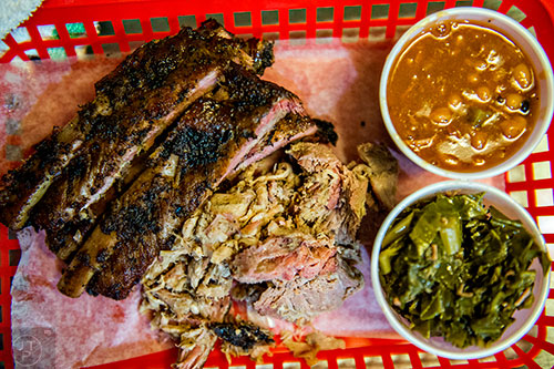 The pork and rib plate at B's Cracklin' Barbeque.