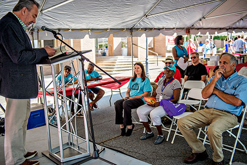 Michael Nemeth (left) speaks on the Emerging Authors Stage during the Decatur Book Festival on Saturday.