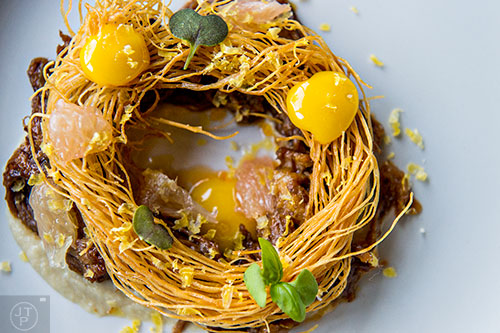 Double Zero serves up the Oxtail with sunchoke, kataifi, egg yolk, frisee and grapefruit.