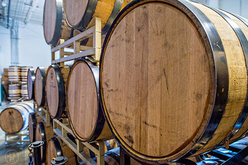 Whiskey ages in barrels at American Spirits Whiskey Distillery in Atlanta.