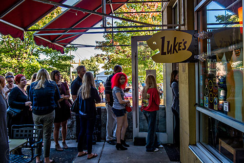 Customers stand in line, some for more than two hours, at JavaVino in Atlanta during the Netflix Gilmore Girls Luke's Diner Takeover on Wednesday morning.