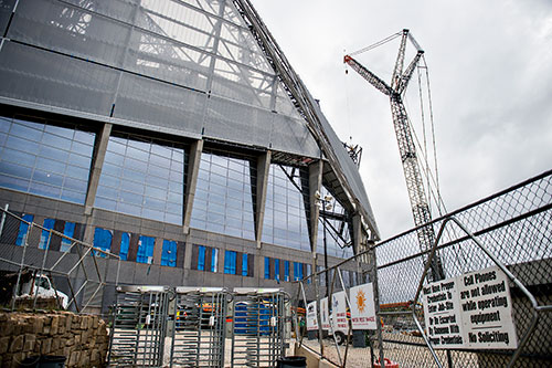 One of the main construction entrances to Mercedes Benz Stadium in Atlanta off of Northside Dr.