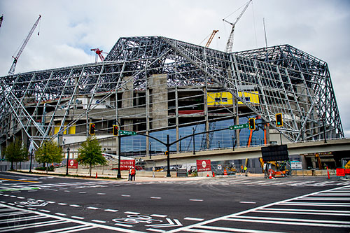 Shot from the corner of Mangum and Mitchell streets., construction continues on Mercedes Benz Stadium in Atlanta.