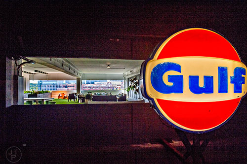 An old Gulf gas station sign signals the entrance to the SCAD Pad section of the parking deck at SCAD's Atlanta campus.