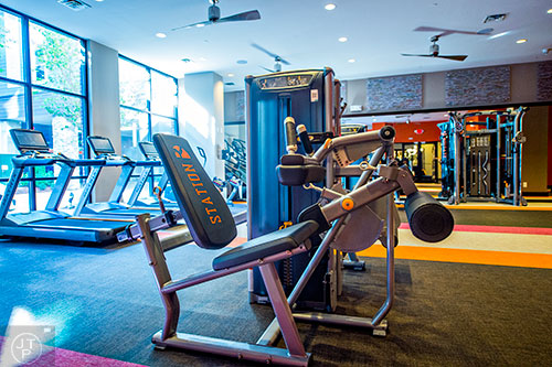 The gym at Station R in Atlanta comes complete with free weights, lifting machines treadmills and more.