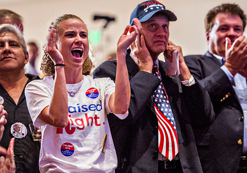 Jen Usery (left) reacts during the GOP Election Party at the Tech Center Doubletree Hotel in Denver on Tuesday, November 8, 2016.