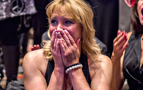 Dede Laugesen reacts as states are called Republican during the GOP Election Party at the Tech Center Doubletree Hotel in Denver on Tuesday, November 8, 2016.