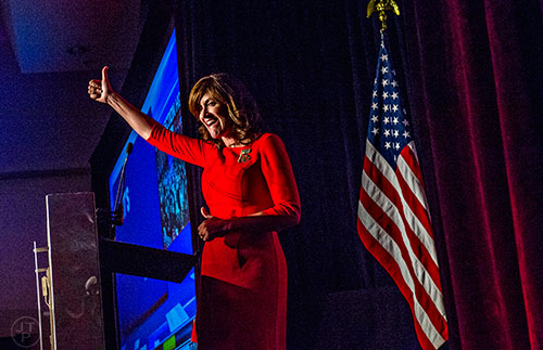 Colorado University Regent Heidi Ganahl speaks to the crowd during the GOP Election Party at the Tech Center Doubletree Hotel in Denver on Tuesday, November 8, 2016.