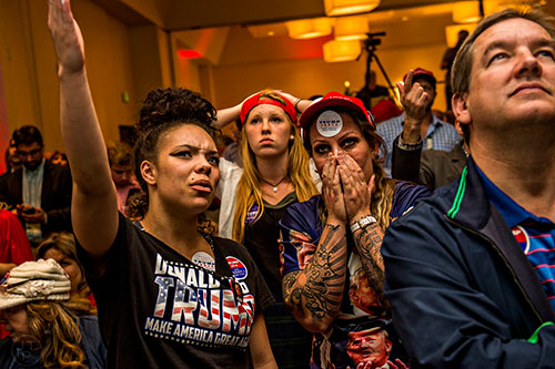 Destiny Washington (left), Brooke Sorenson and Leelee Fertig react as the Clinton campaign tells their supporters to go home for the evening during the GOP Election Party at the Tech Center Doubletree Hotel in Denver on Tuesday, November 8, 2016.